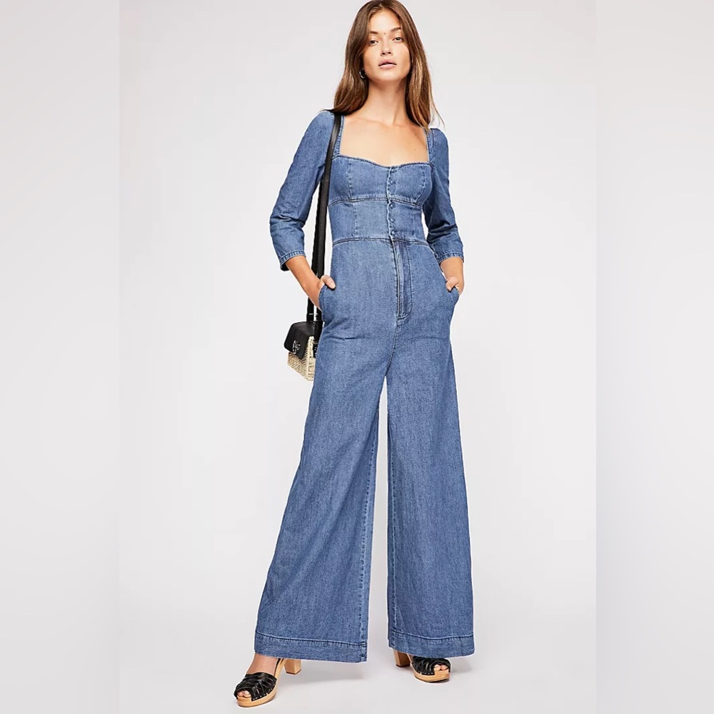 Free People Denim Wide-Leg Jumpsuit in Blue